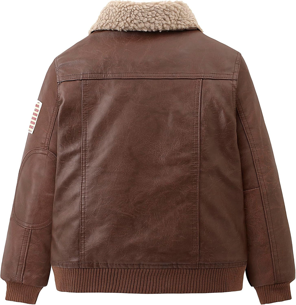Kids Brown Vintage Style Aviator Quilted Faux Leather Jackets Boys Warm Padded Biker Motorcycle Bomber Pu Leather