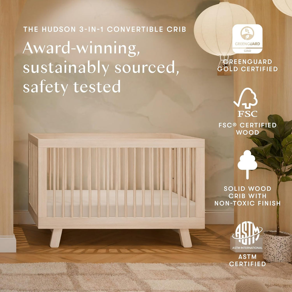 Hudson 3-in-1 Convertible Baby Crib ,Washed Natural | GREENGUARD Gold Certified Wooden Crib - Converts to Toddler Bed