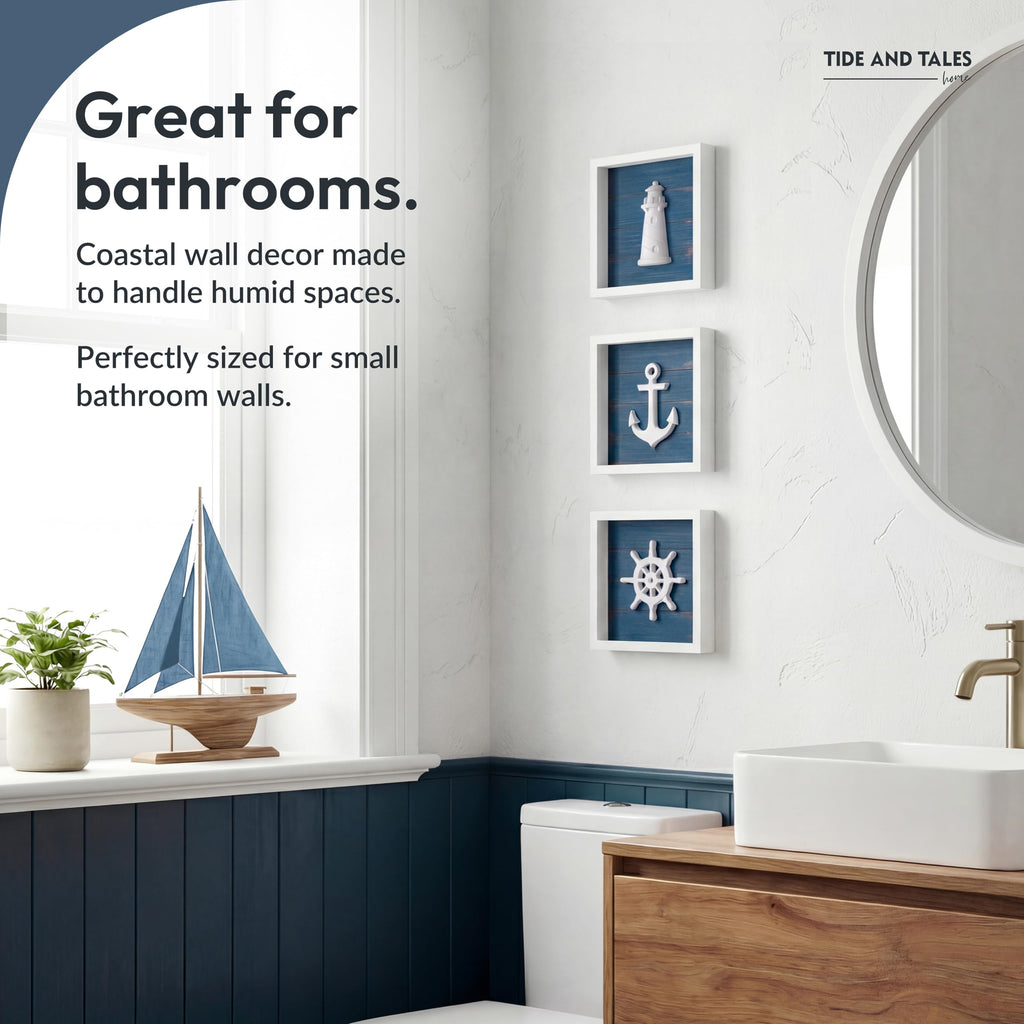 3d Nautical Wall Decor, Bathroom Wall Art, Set of 3, Blue