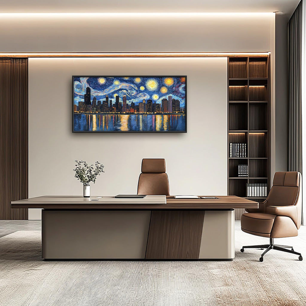 Chicago Skyline Wall, Starry Night Chicago Pictures Wall Decor, USA Cityscape Canvas Prints Painting, Large Building