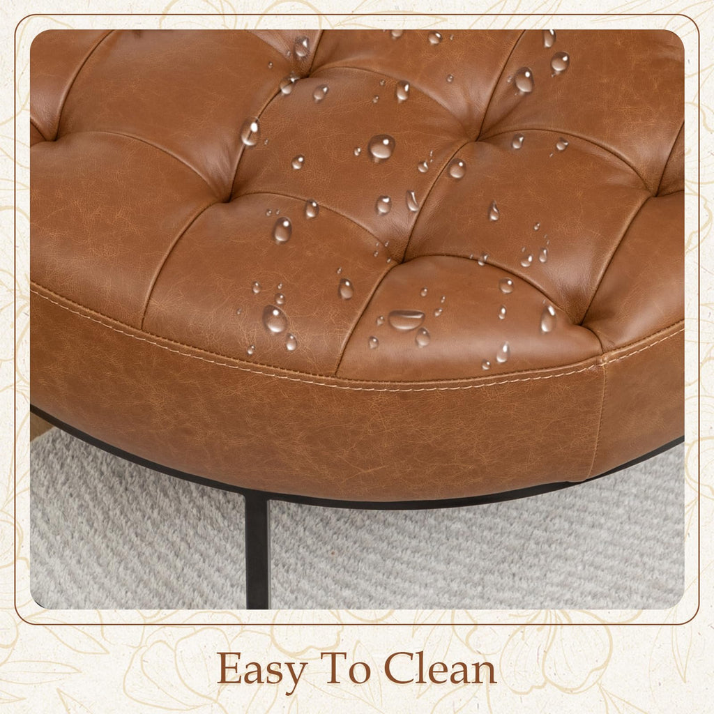 Modern Genuine Leather Round Coffee Table, 30'' Farmhouse Ottoman, Large Vintage Genuine Leather Coffee Tables with