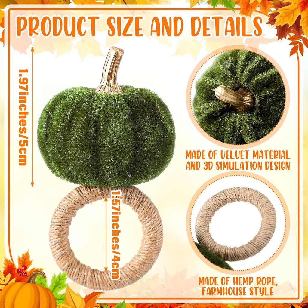 Velvet Pumpkin Napkin Rings Boho Rustic Fall Napkin Holders for Thanksgiving Friendsgiving Autumn Weddings - Set of 8