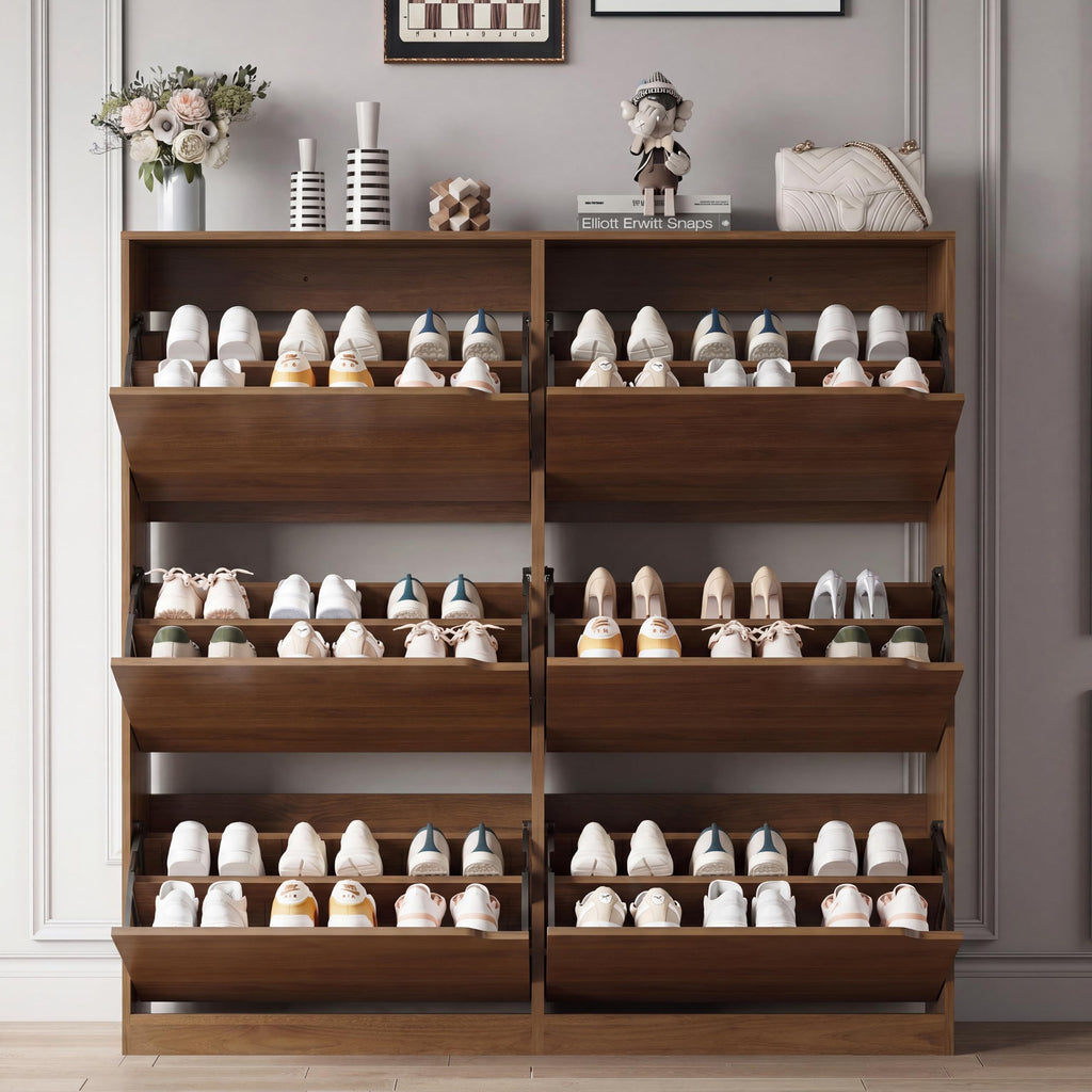 Shoe Storage Cabinet with 6 Flip Drawers, Sturdy Wood Hidden Shoe Storage, Freestanding Narrow Slim Shoe Organizer