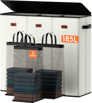 185L Triple Laundry Hamper with Lid, Dirty Clothes Hamper, Off-White