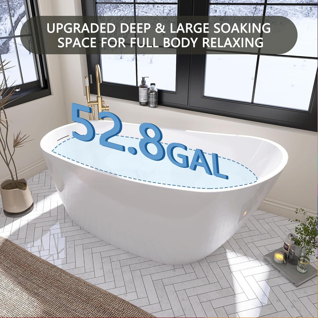 59" Free Standing Tub, Pure Acrylic Freestanding Bathtub, Stylish Stand Alone Contemporary Deep Soaking Bath Tub