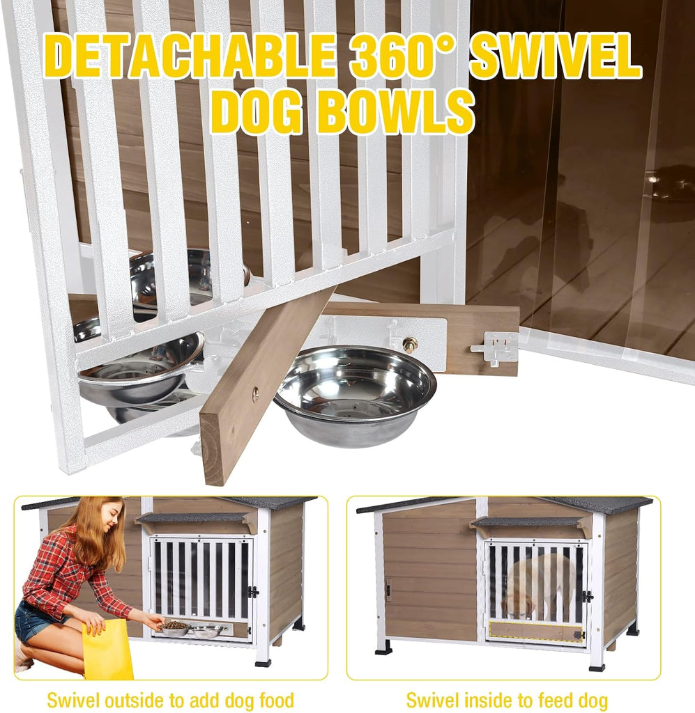 Outside Chew-Resistant Dog House with Metal Frame, Indoor/Outdoor Wooden Dog House with Waterproof Roof and Food