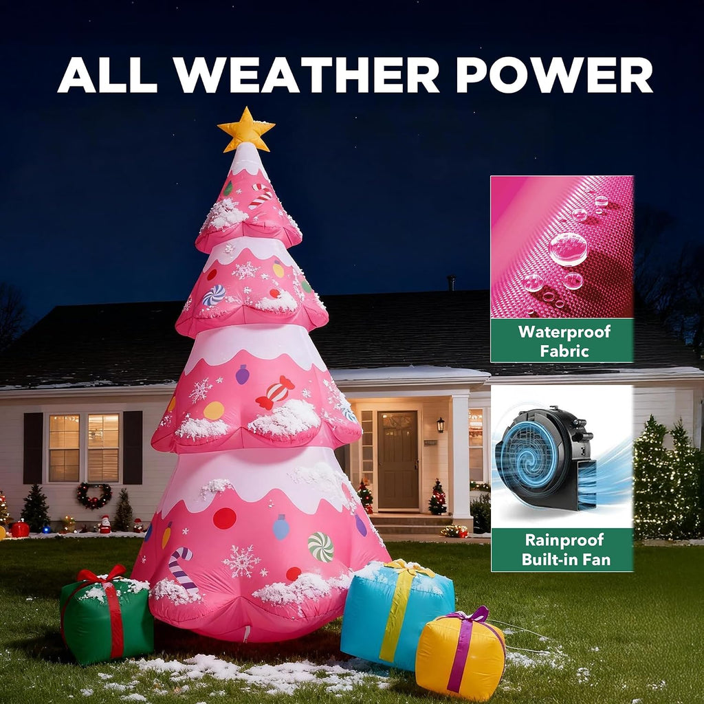 12 FT Pink Christmas Tree Inflatables Outdoor Decorations, Blow Up Candy-Themed Xmas Tree with Rotating Projection