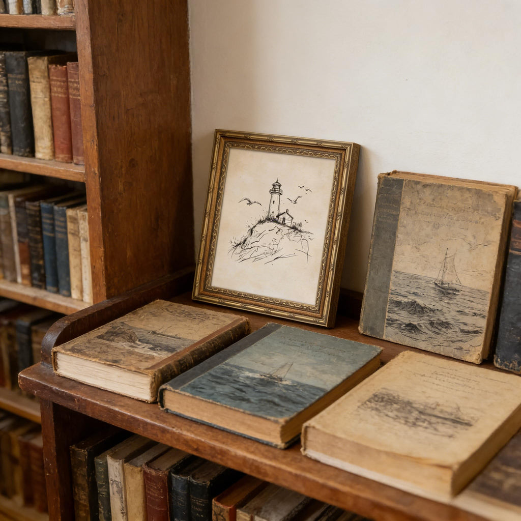 Gold Framed Wall Art, Vintage Coastal Lighthouse Sketch Canvas Prints - Rustic Nautical Summer Beach Pictures