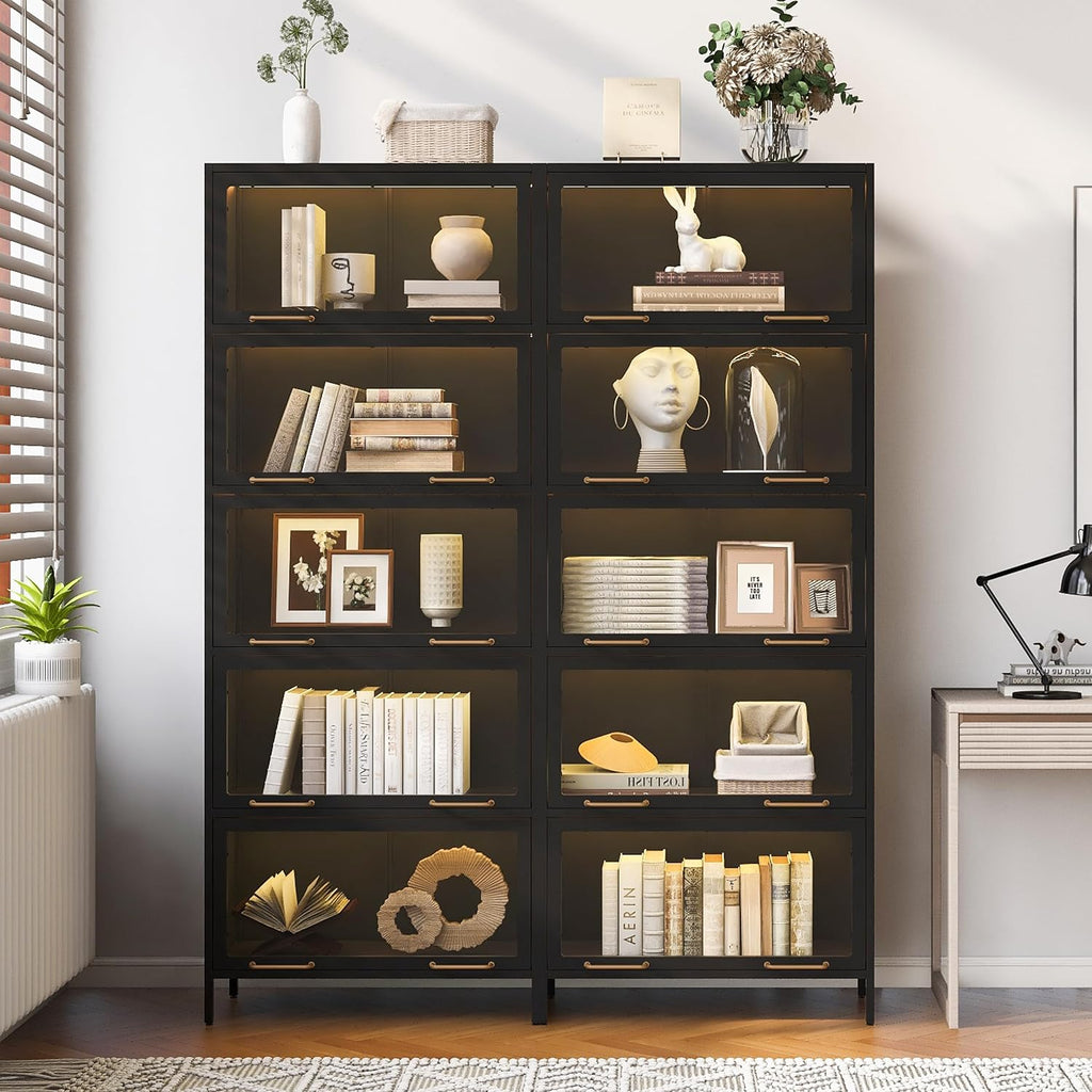 76.75'' Tall 5-Tier Iron Barrister Bookcase, Display Cabinet with LED Strips, Flip-Up Slide-In Glass Doors & Vintage