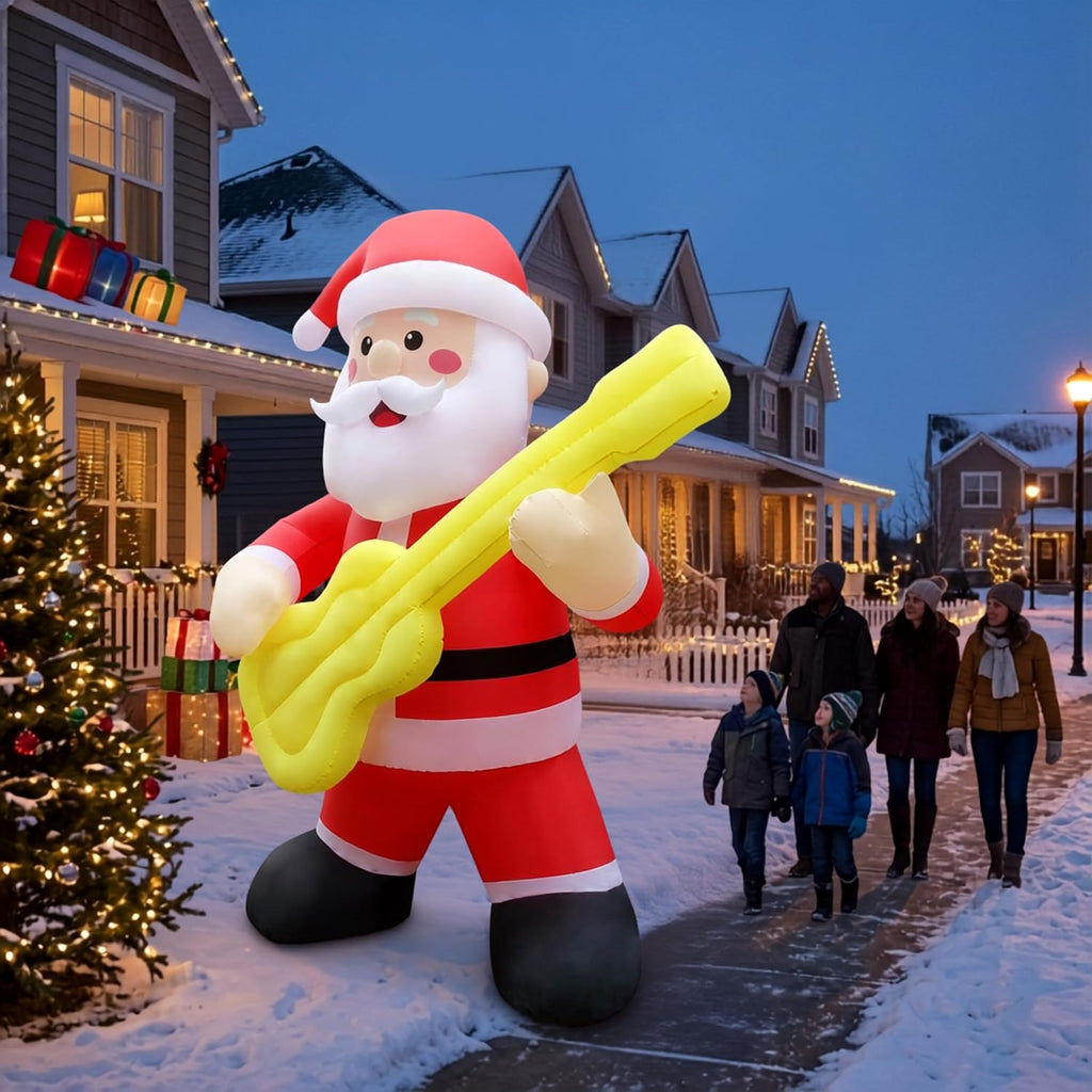 12FT Christmas Inflatables Outdoor Decorations Guitar Santa with LED Lights Christmas Blow Up Yard Decoration for