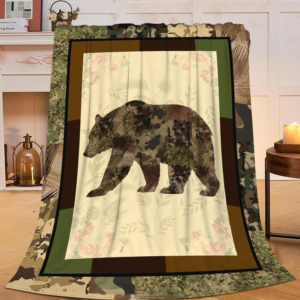 Bear Blanket Camo Cabin Throw Gifts Decor for Dad Boys Men 80"x60"