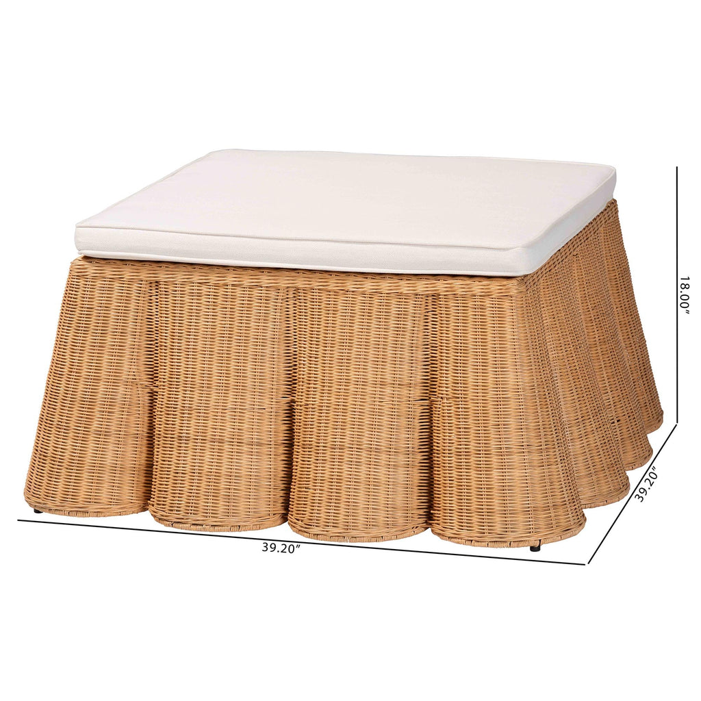 Palm Scallop Natural Rattan Ottoman with Cushion - Handwoven Wicker Accent Bench or Footrest, or Sunroom Decor