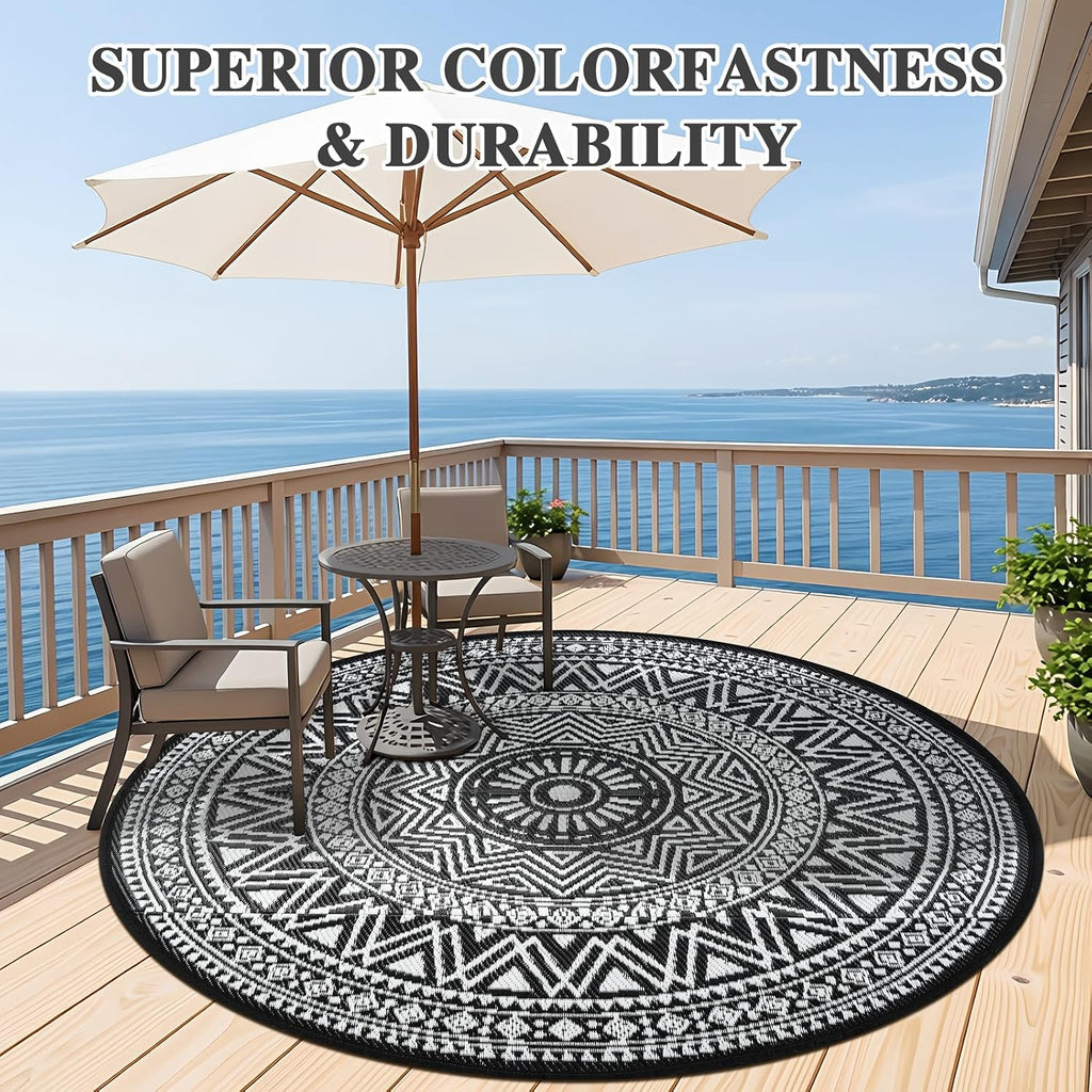 Outdoor Rug Waterproof 5ft Round, Reversible Boho Plastic Straw Patio Camping Area Rugs, Portable Indoor Outdoor RV