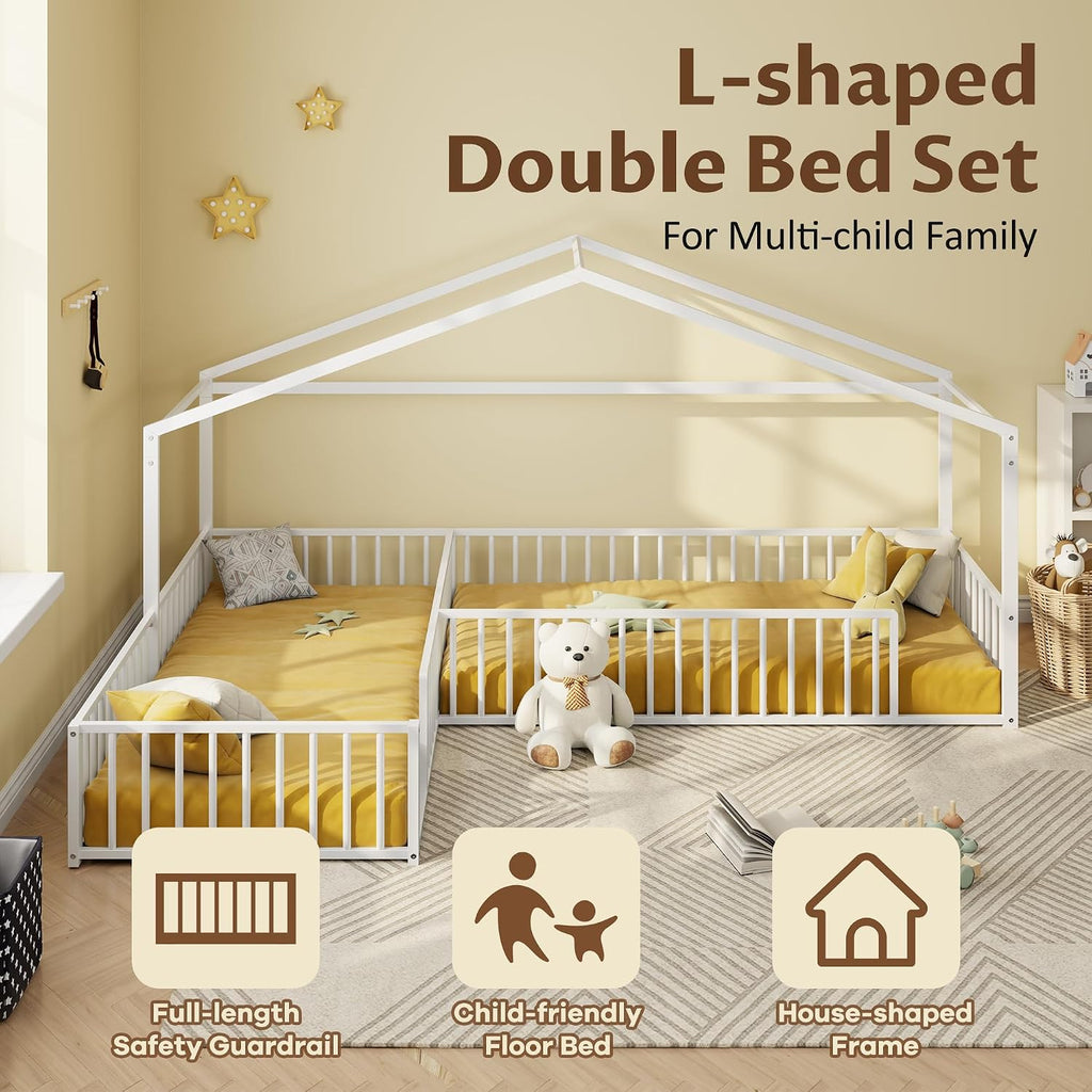 Double L-Shaped Montessori Bed Metal Floor Bed Frame, White
