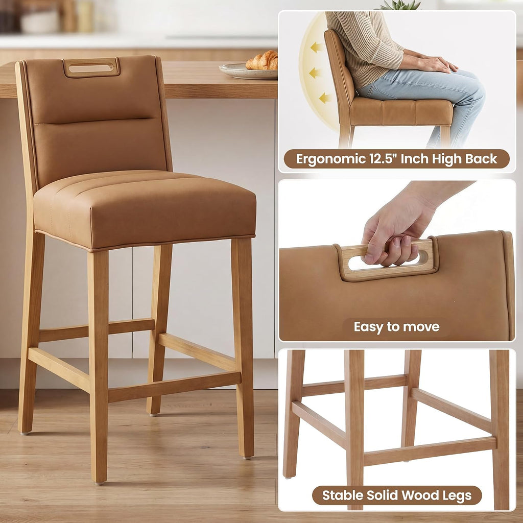 26 Inch Upholstered Modern Bar Stools Set of 3, Wooden Counter Height Barstools with 5" Thick Padded Seat & Cushioned