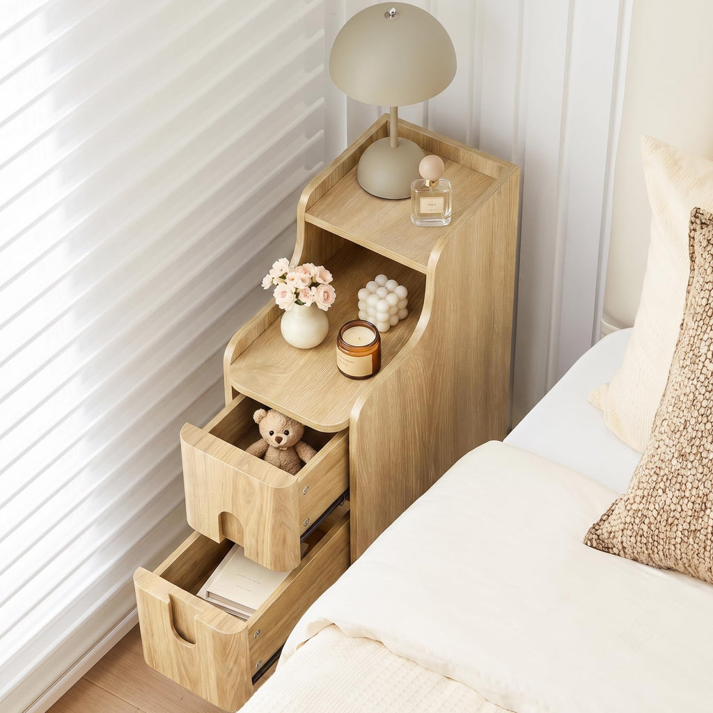 Narrow Nightstand, Wooden 2 Drawer, Natural, Set of 2
