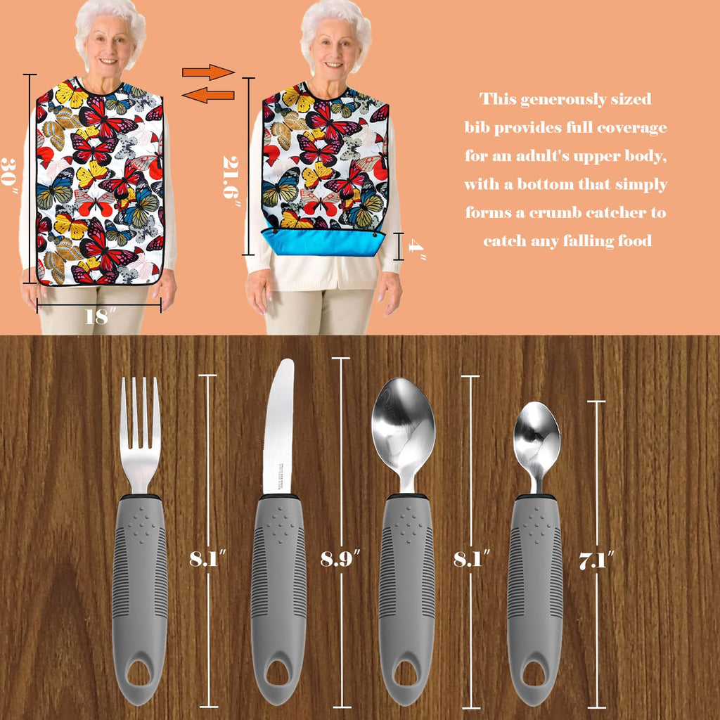 Adaptive Utensils with Adult Bibs - 4pcs Weighted Utensils Set (2.5oz Each) for Hand Tremors, Elderly, Parkinson's