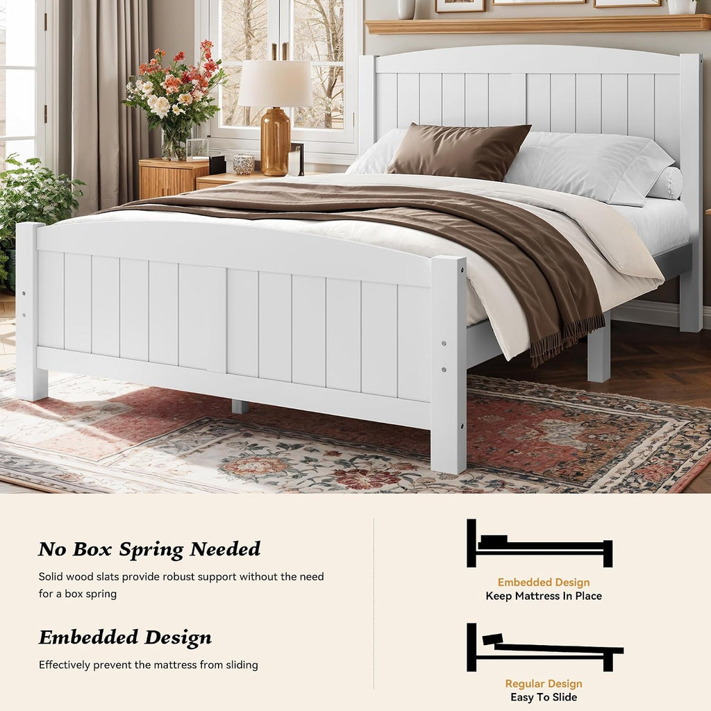 Queen Farmhouse Bed Frame with Headboard & Footboard, White Mid-Century Modern Platform Bed Queen, Vintage Solid Wood