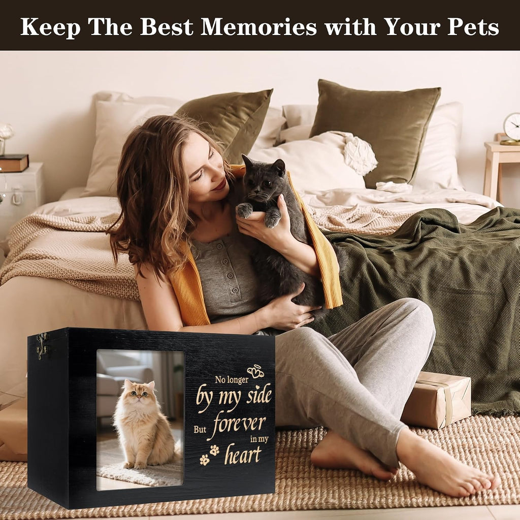 Pet Urns for Cats or Dogs Ashes with Photo Frame, Wooden Memory Box for Keepsakes with Black Flannel as Lining, Cat