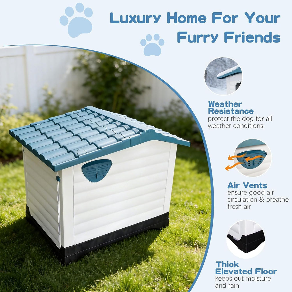 Elevated Weatherproof Plastic Dog House with 2 Doors & Fold-Out Porch - Raised Floor Outdoor Kennel for Large Dogs up