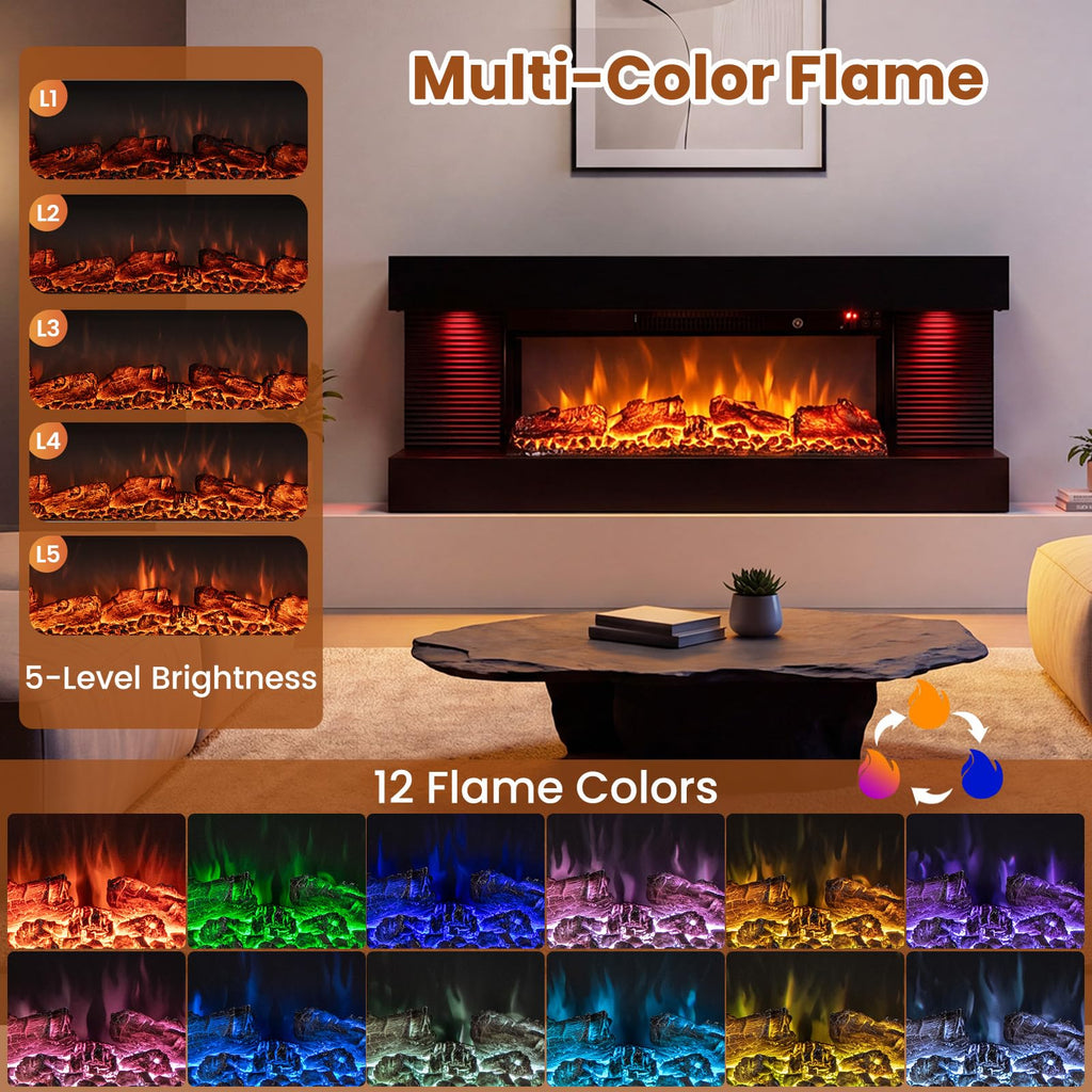 3 Sided Wall Mount Electric Fireplace w/ 40" Floating Mantel, Black