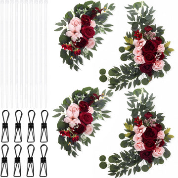 4 Pcs Fall Wedding Arch Flower Artificial Faux Floral Swag, Rose Red