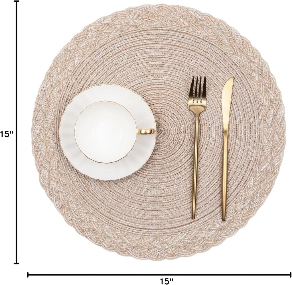 15 inch Round Placemats Boho Woven Braided Border Table Mats Washable Heat Resistant Circle Place Mats - Set of 6