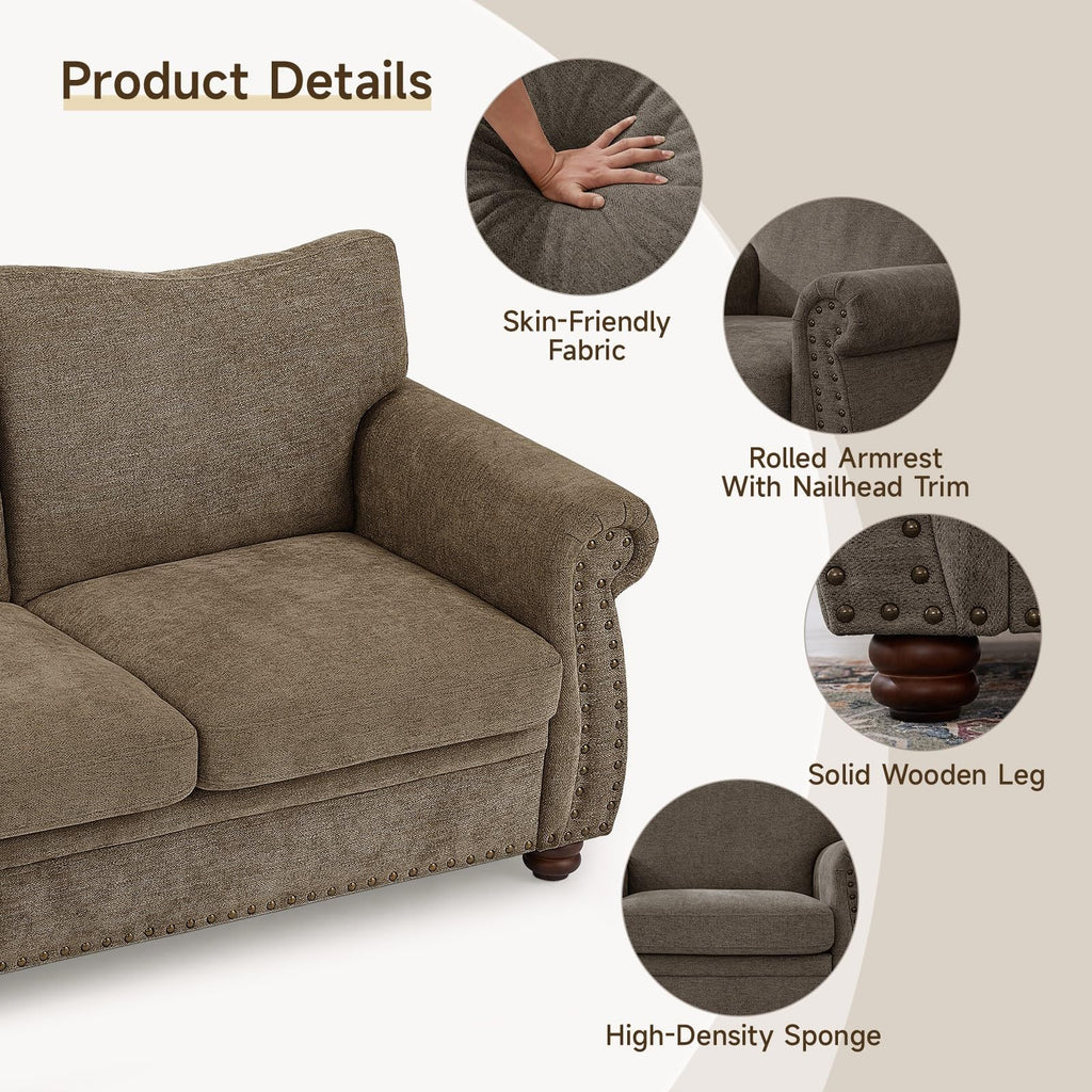 Nailhead Sofa, 66 Inch Small Chenille Couch with Rolled Arms, Brown