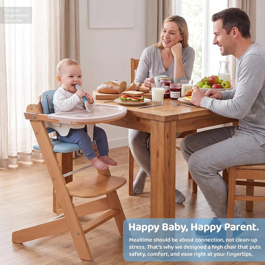 Natural Wooden Baby High Chair with Cushions & 3-Tier Remove Adjustable Tray Cushion, Easy to Clean & Natural Wooden