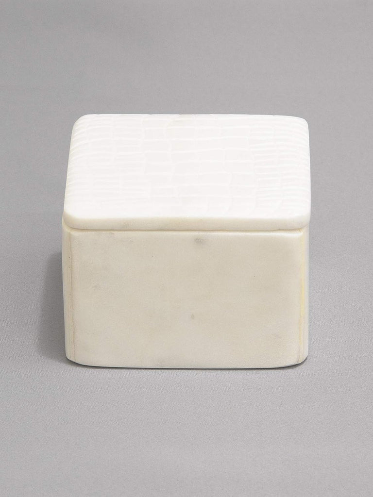 White Marble Storage Box with Lid - Crocodile Pattern - Small - 4" L x 4" W x 2.5" H