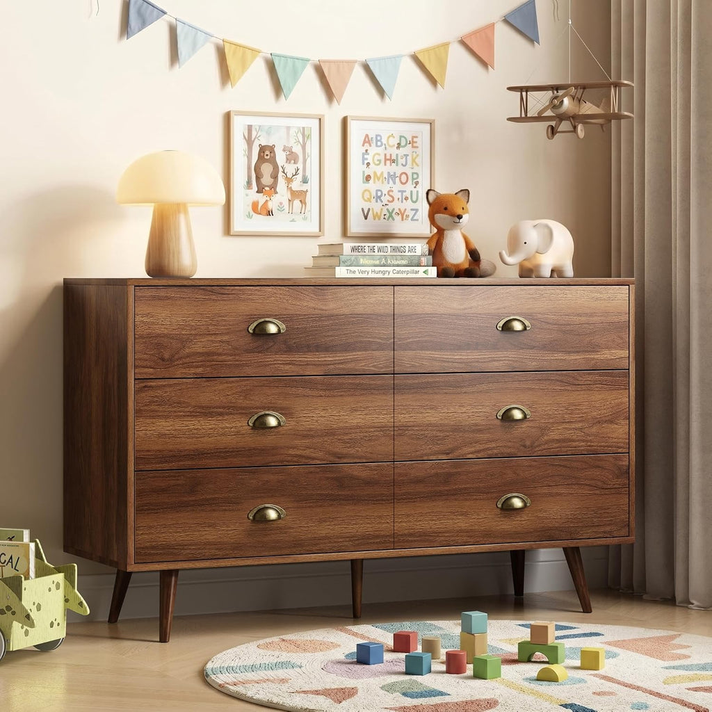 Walnut Dresser , 6 Drawer Dresser with Wide Drawers and Gold Metal Handles, 47" Wood Dressers & Chests of Drawers .