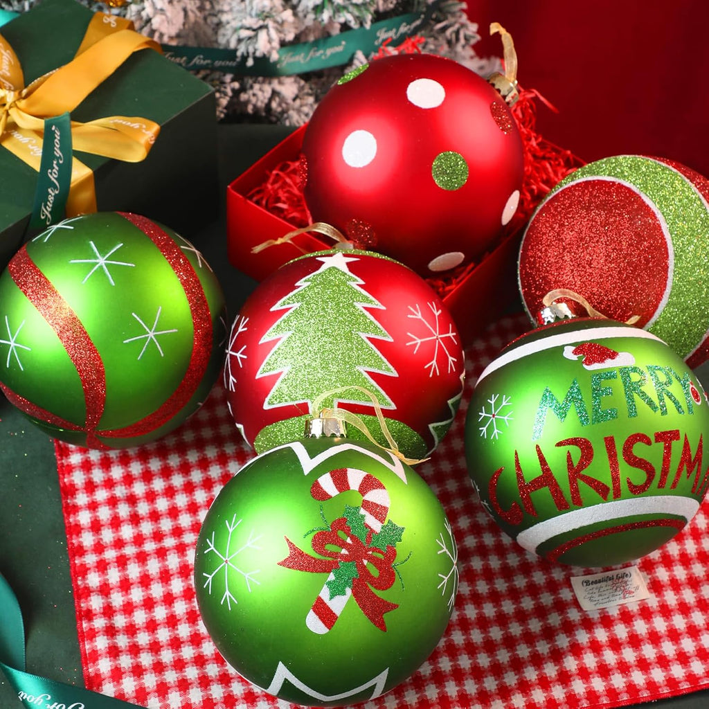 6Pcs 6" Extra Large Outdoor Christmas Ornaments, Xmas Tree Elf Swirl Ball Decoration, Big Red Green Christmas