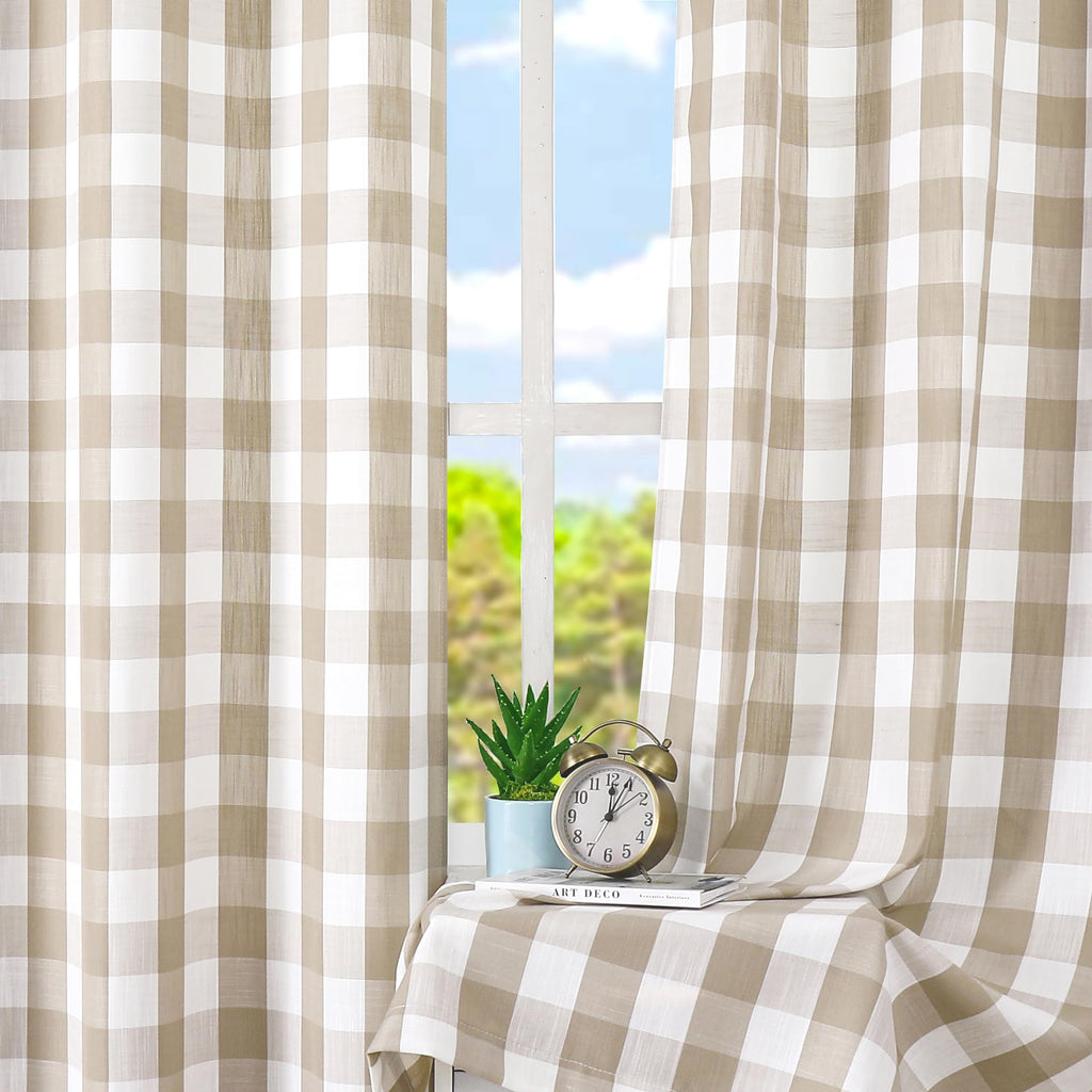 Beige Buffalo Plaid Semi Sheer Grommet Curtains 84 Inch Length