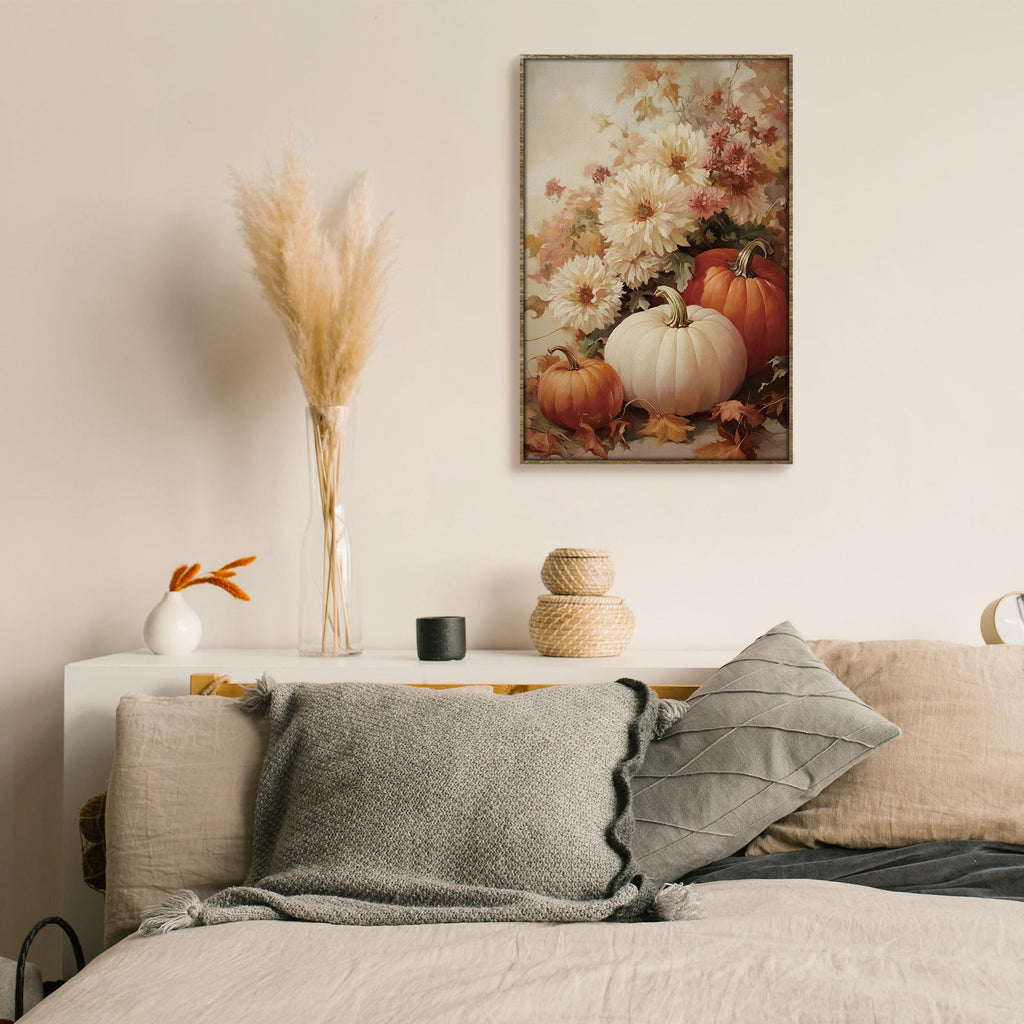 Fall Pumpkin Rustic Farmhouse Wall Art Decor 16x24 (White-)