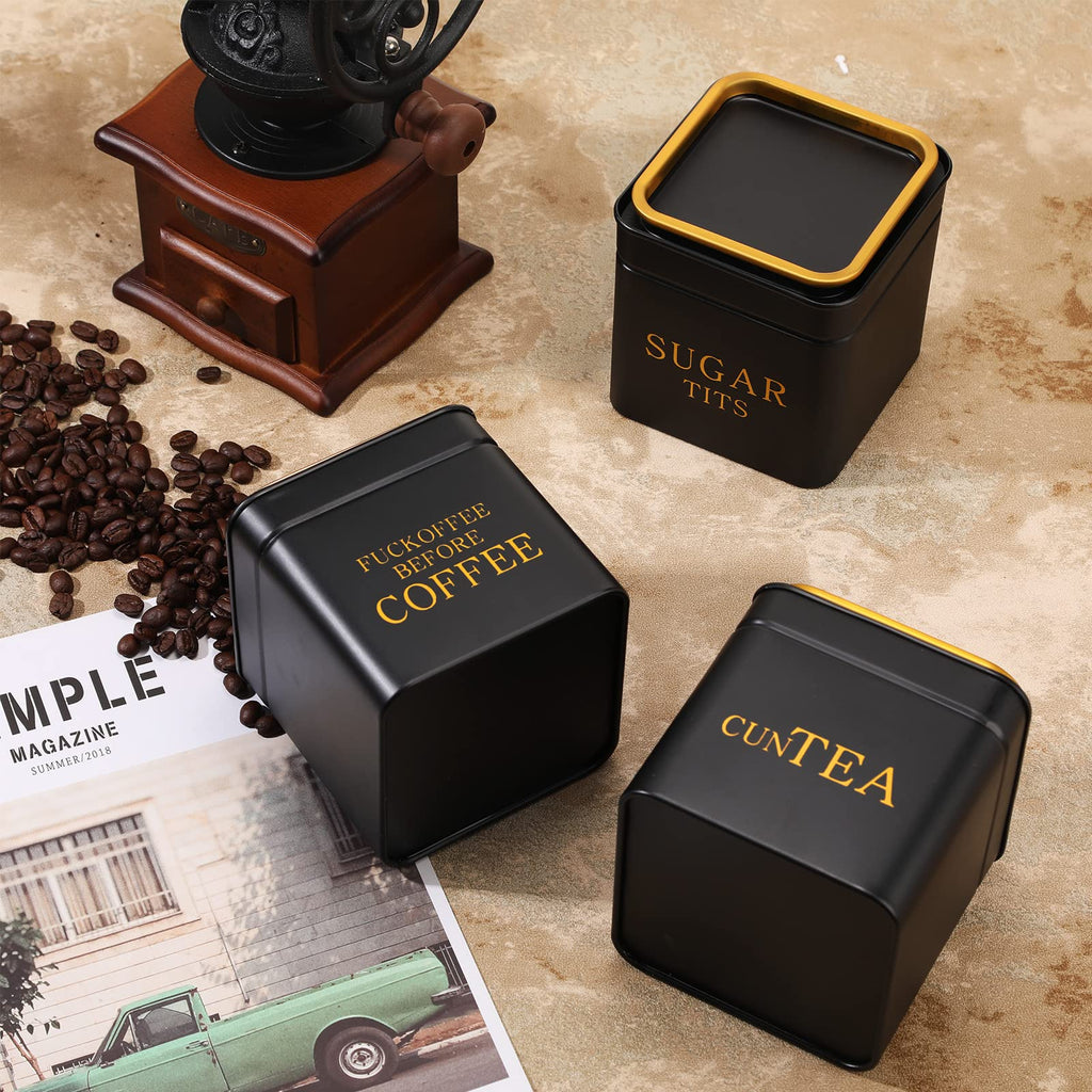 3 Piece Novelty Sugar Tea Coffee Canister Set Gifts Naughty Black Stainless Steel Containers Airtight Metal Coffee