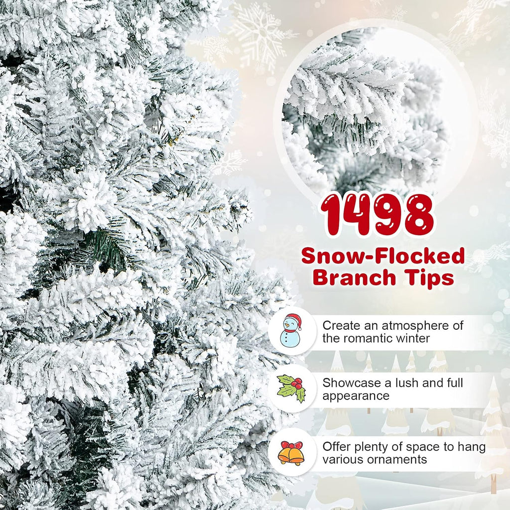 Flocked Christmas Tree Artificial Xmas Tree with 1498 PVC Branch Tips, Hinged Xmas Tree Life-Like Seasonal