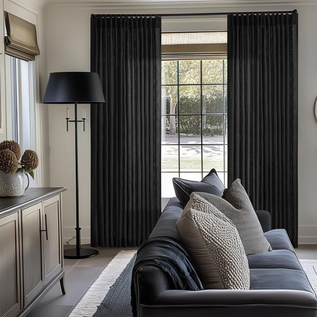 Black Pinch Pleated Linen Semi Sheer 120 Inch Curtains 2 Panels