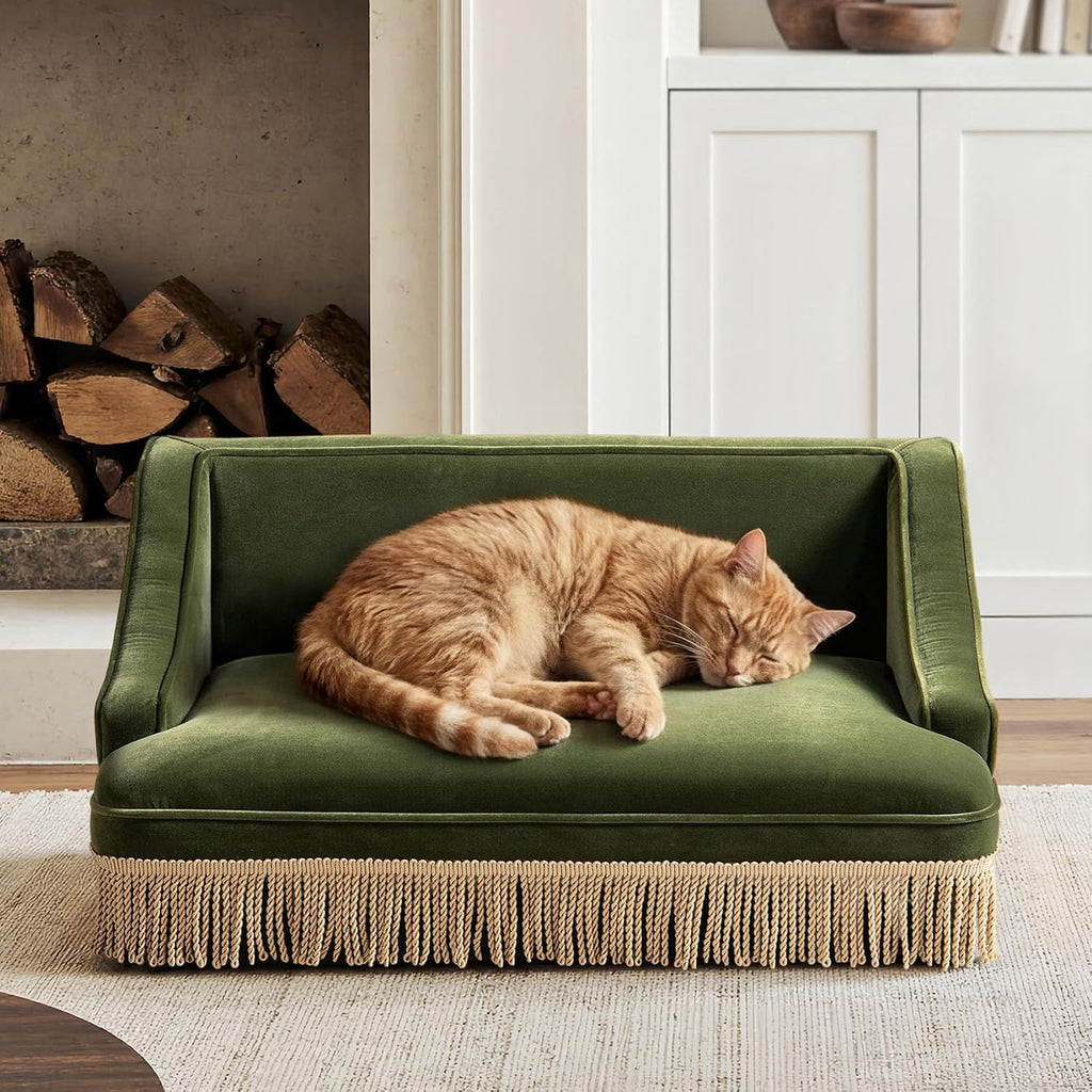 Velvet Dog Couch Bed, Orthopedic Pet Sofa with Skirt, Washable Non-Slip Bottom for Small Medium Dogs &