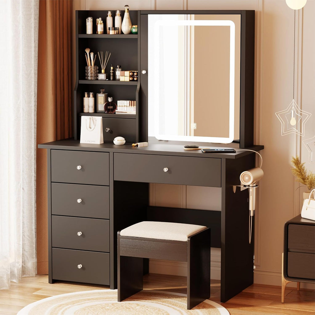 Vanity Desk with Mirror and LED Lights, Makeup Vanity Set with Power Outlet, and Stool,Jewelry Storage,Black Vanity