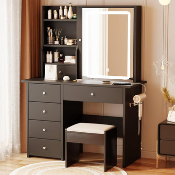 Vanity Desk with Mirror and LED Lights, Makeup Vanity Set with Power Outlet, and Stool,Jewelry Storage,Black Vanity
