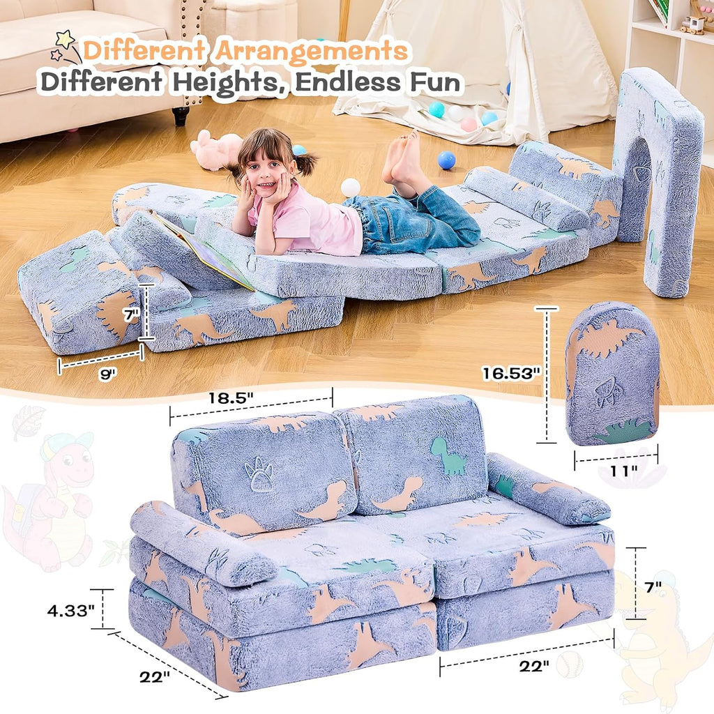 Dinosaur Modular Kids Play Couch for Toddlers 1-3, Glow-in-the-Dark