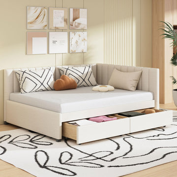 Upholstered Daybed with 2 Storage Drawers, Full Size Sofa Bed Frame, No Box Spring Needed, Linen Fabric, Beige