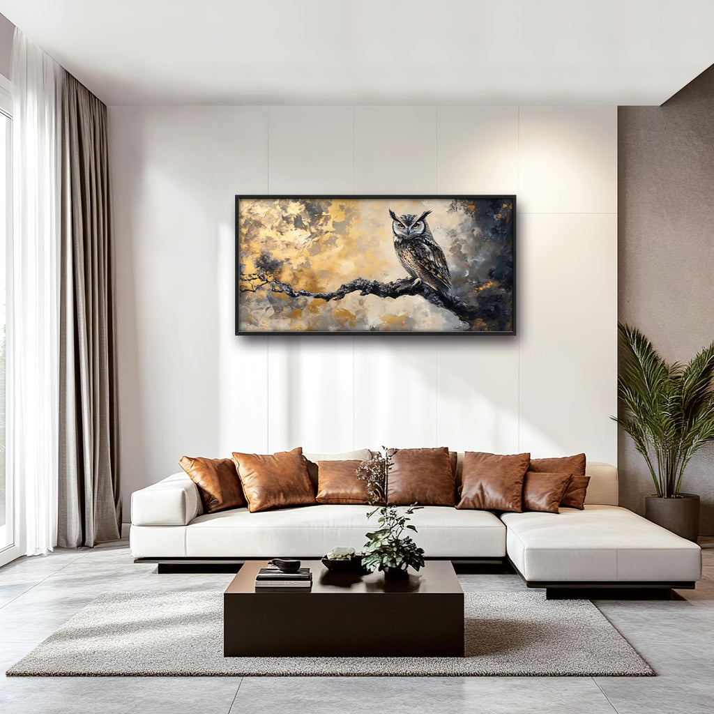 Owl Large Wall Art Framed Gold Wall Decor Mountain Owl Pictures Oversized Canvas Print Painting Modern Extra Large