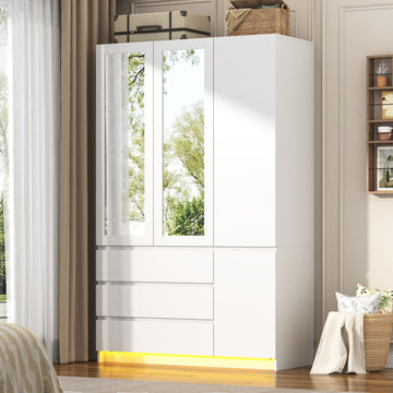 75"H Tall Modern 3 Doors Wooden Armoire Wardrobe Closet with 3 Drawers & 2 Mirror, Clothing Storage Cabinet with