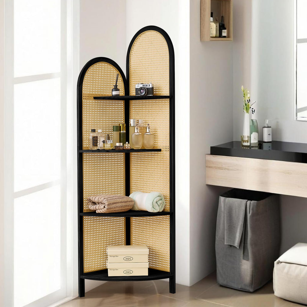 70" Arched Rattan Corner Shelf, 4-Tier 90° Corner Design, Black