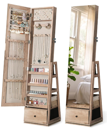 360° Swivel Jewelry Cabinet, Full Length Mirror, Lockable, Oak