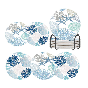 Nautical Coastal Coasters for Drinks Set of 6, Round Absorbent Ceramic Stone Coaster with Metal Holder Stand, Beach