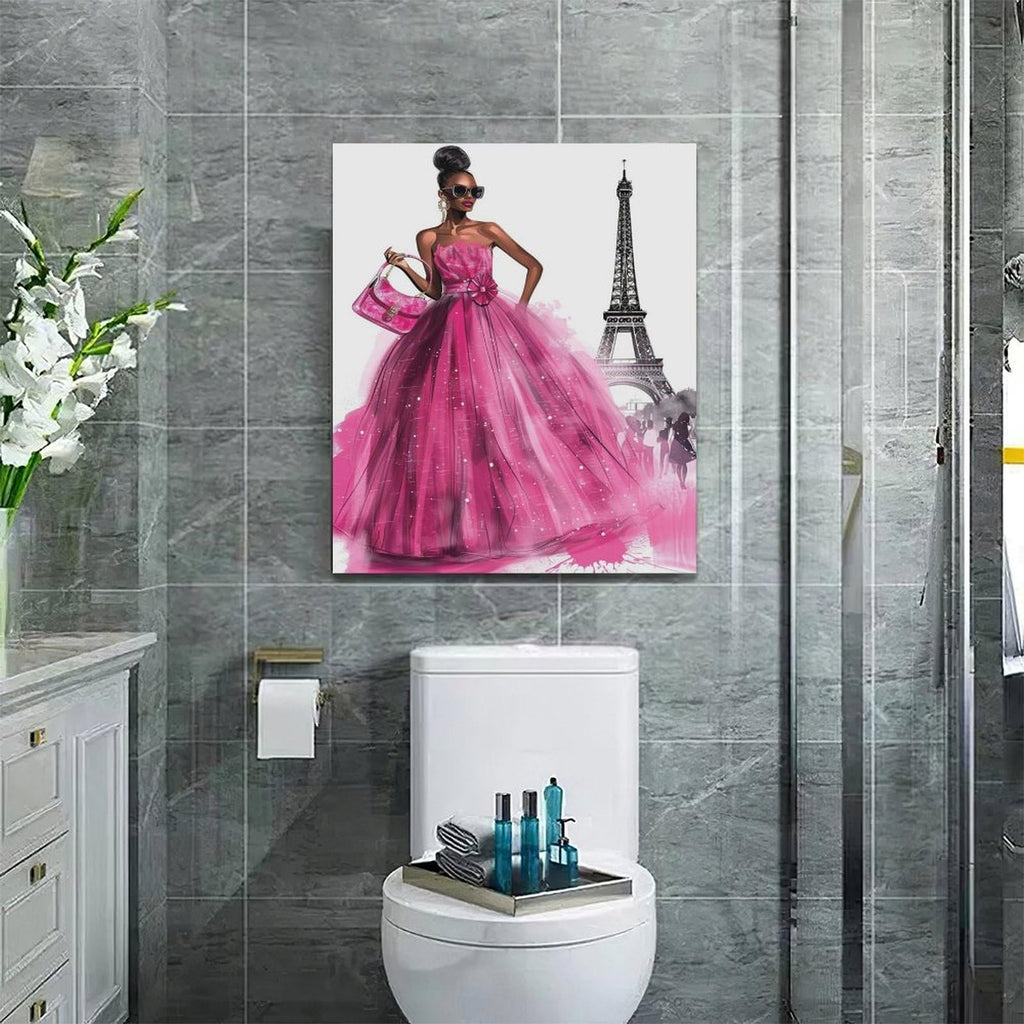 African American Canvas Wall Pink Dress Women Fashion Black Girl Pictures Decor Paris Eiffel Tower Painting Prints