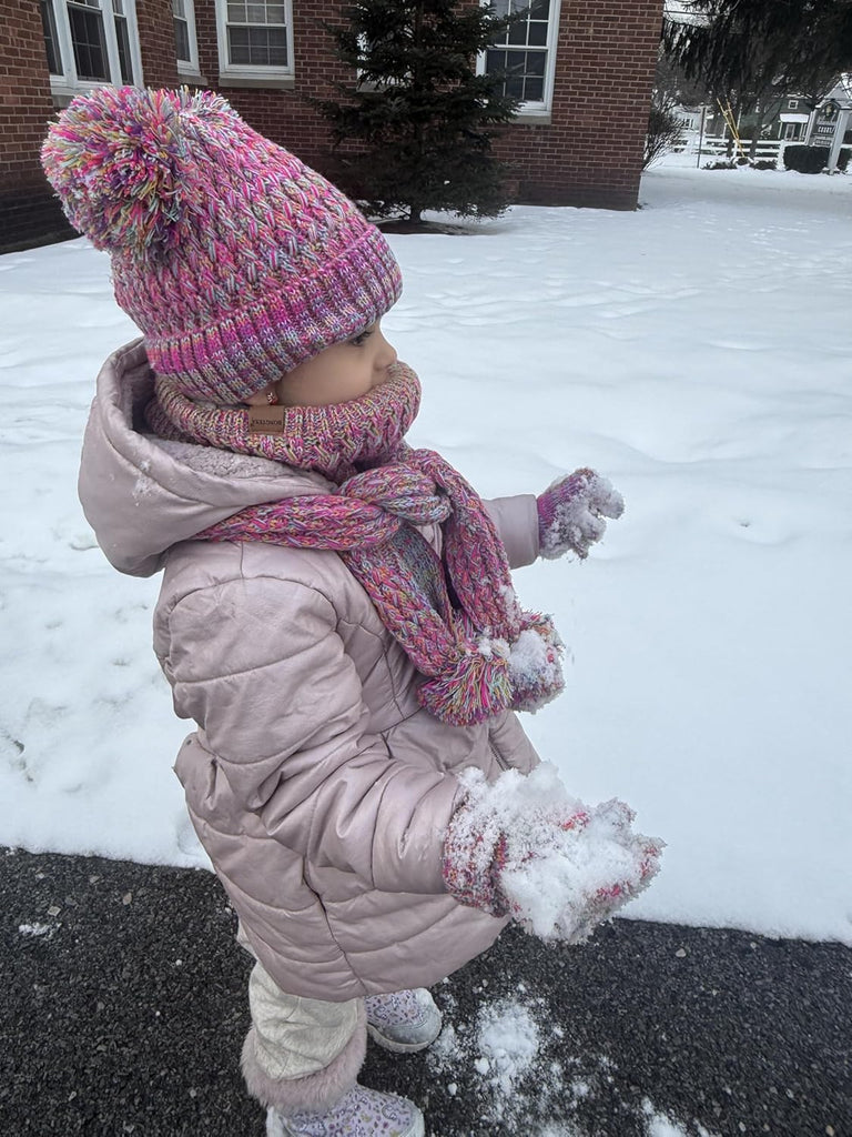 Toddler Winter Hat Scarf Glove Set, Unisex Baby Kids Velvet Lined Knitted Hat with Neck Warmer for Cold Weather