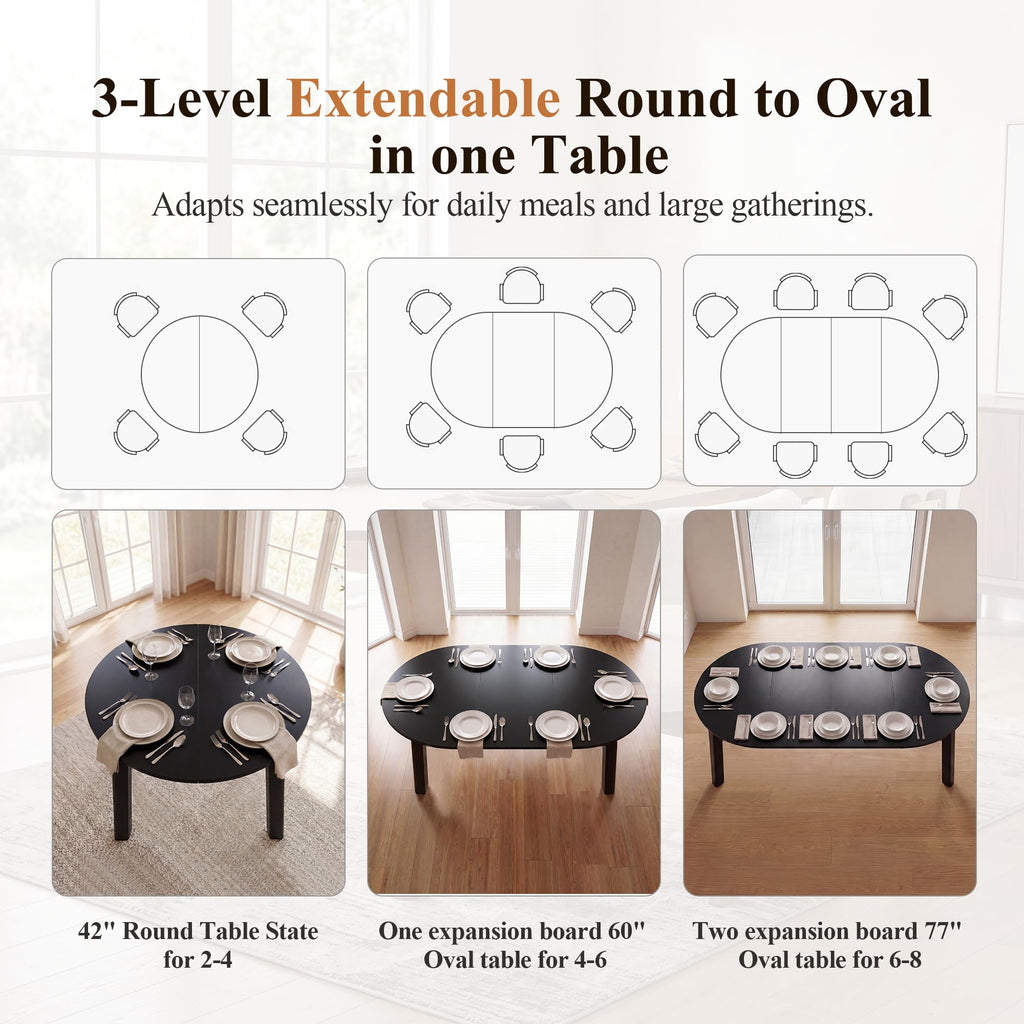42"-77" Extendable Dining Table Round to Oval, Black Oak Veneer Table
